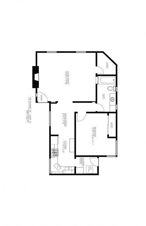 Floor plan for 1 bed, 1 bath, 784 sqft